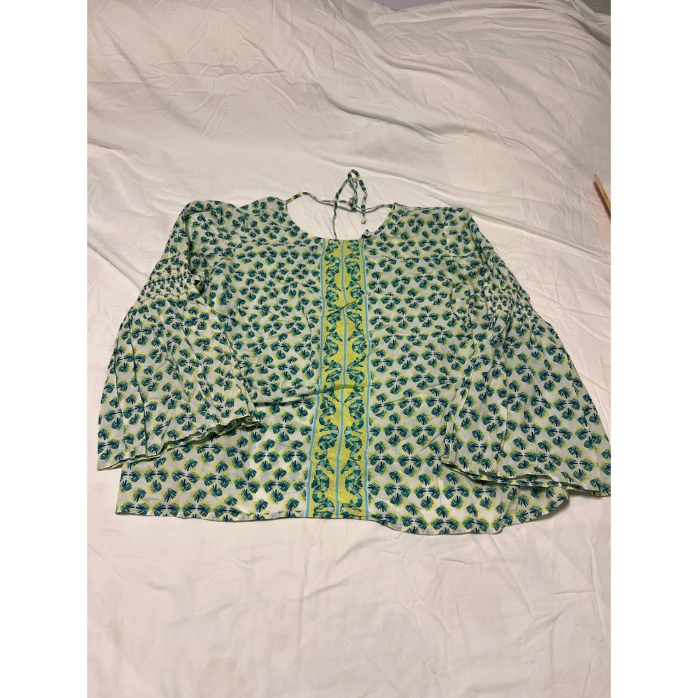 Crown & Ivy Curvy 2X Tropical Palm Seahorse Bell Sleeve Cotton Blouse Green Blue